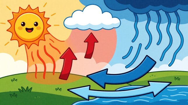 Cute cartoon diagram explains how sun heat creates wind, rain. Solar energy warms earth surface causing warm air to rise. Cool air moves in cycle creating wind, weather patterns for kids science