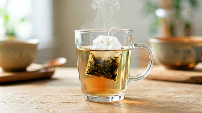 Tea bag steeping in a steaming glass mug