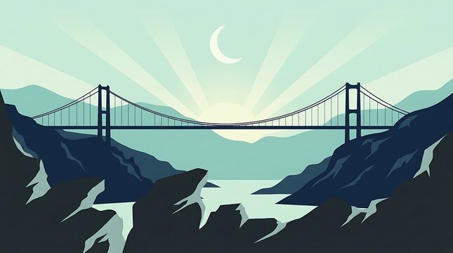 Professional vector illustration of a majestic suspension bridge over a mountain gorge at dawn, featuring a clean minimalist flat design style.