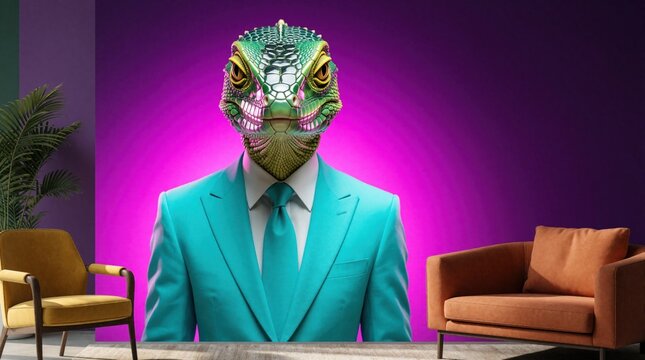 Surreal portrait of person wearing lizard mask, turquoise business suit. Reptile head with green scales, gold eyes sits in modern living room with purple wall. Man in formal attire with animal face
