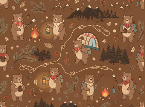 Cute bear camping seamless pattern with tent and forest vector