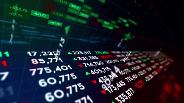 Financial Data Stream with Green and Red Numbers Moving On Digital Display
