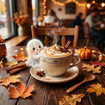 Cozy autumn cappuccino with whipped cream and cute ghost