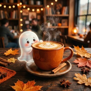 Cute ghost cartoon with large coffee cup in cozy cafe