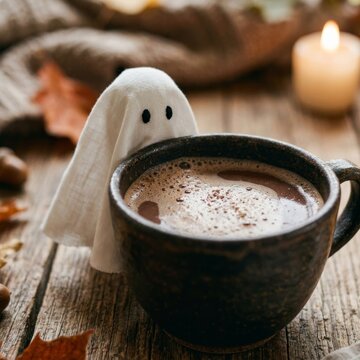 Cloth ghost figure by a mug of hot chocolate on wooden table