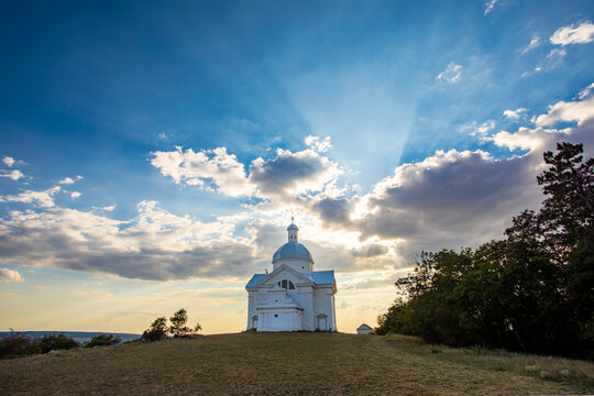 San Sebastian Chapel Hilltop Scenic Landmark Under Dramatic Sky Rays Czech Republic