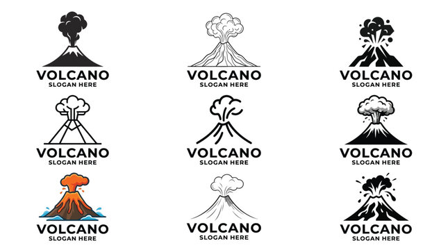 Multiple modern minimalist volcano logo designs featuring sharp black lines and vibrant orange magma erupting icons