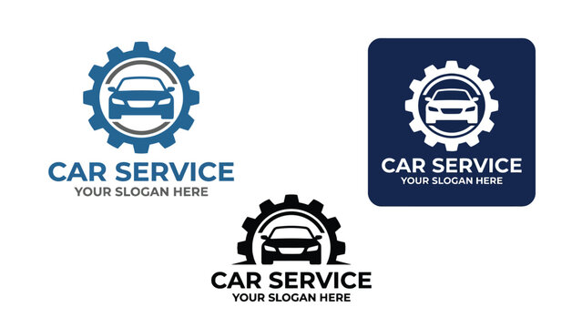 Minimalist car service logo design featuring a gear icon with sharp edges in blue colors