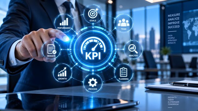 A business professional pointing at a glowing KPI dashboard interface with circular icons representing key performance indicators and analytics