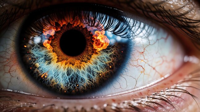 Extreme closeup of human eye iris reflecting massive fire explosion. Burning mushroom cloud appears in pupil. Terrified person watches nuclear blast war disaster. Intense orange flames, dark smoke