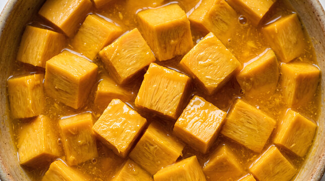 Square diced canistel fruit chunks in rich natural juice, overhead close up view of tropical eggfruit preserve compote texture