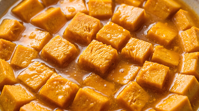 Diced yellow canistel fruit cubes submerged in sweet golden syrup liquid, macro close up texture of tropical eggfruit preserve compote