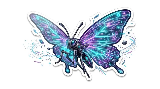 Digital illustration of a futuristic butterfly robot with glowing circuit wings