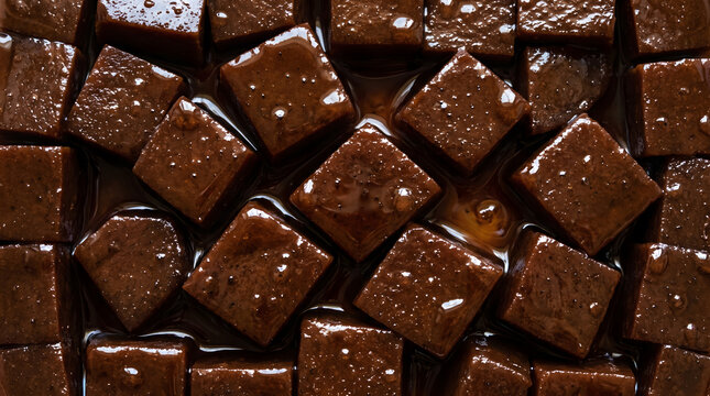 Square diced black sapote fruit chunks in sweet natural juice liquid, macro macro shot of exotic tropical chocolate fruit preparation