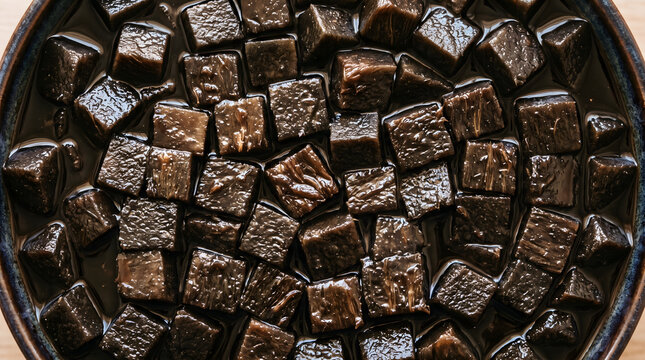 Diced black sapote fruit chunks immersed in rich dark syrup nectar, close up macro view of tropical chocolate pudding fruit compote