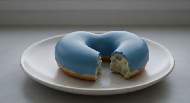 A partially eaten blue-glazed donut rests on a white plate