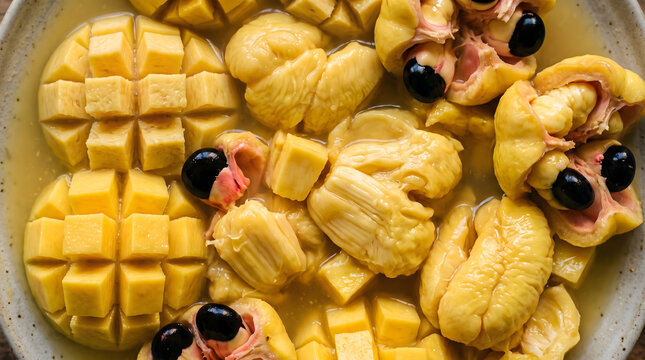 Fresh ackee fruit arils with black seeds and diced yellow fruit in natural liquid juice, authentic Jamaican exotic cuisine ingredient