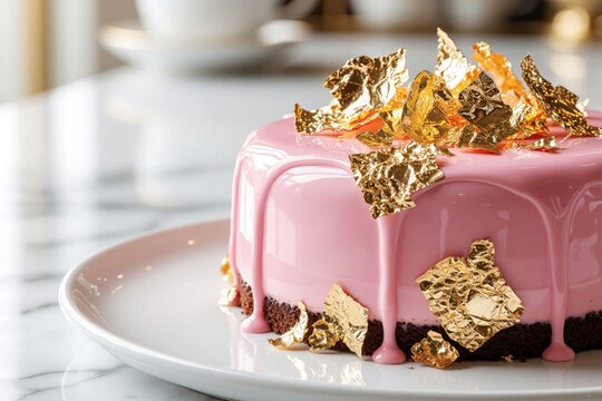 Delicious pink gourmet mousse cake decorated with edible gold leaf on white plate. Sweet chocolate sponge base with glossy mirror glaze icing. Luxury dessert for birthday celebration, wedding,