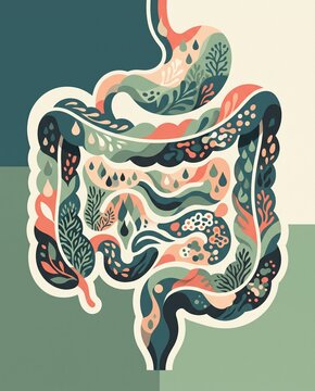Healthy gut microbiome concept with stylized digestive system, balanced intestinal flora, digestive health and natural immune support for wellness, nutrition and preventive health content