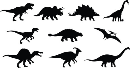 Obraz premium Prehistoric dinosaur silhouette collection featuring diverse ancient reptile species set