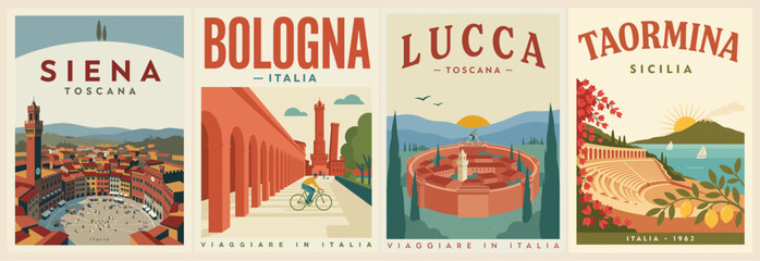 Obraz premium Vintage travel posters showcase four italian cities. Siena, Bologna, Lucca, and Taormina each feature unique landscapes. Each design blends historic architecture with scenic views