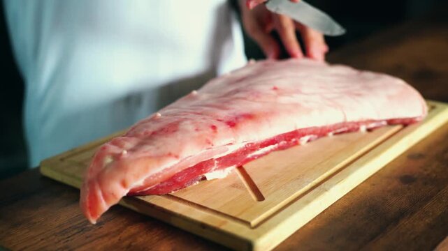 Cutting Raw Pork Belly with Knife on Wooden Board