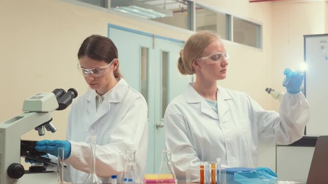Two professional scientists conducting chemical research and analysis in a modern laboratory