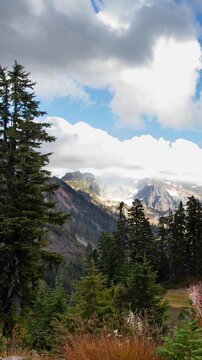 Mountain landscape in Mt. Baker-Snoqualmie National Forest, Washington. Stunning landscape view in the Artist Point area. Vertical design in 9:16 ratio. Smartphone and social media ready.
