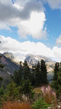 Mountain landscape in Mt. Baker-Snoqualmie National Forest, Washington. Stunning landscape view in the Artist Point area. Vertical design in 9:16 ratio. Smartphone and social media ready.
