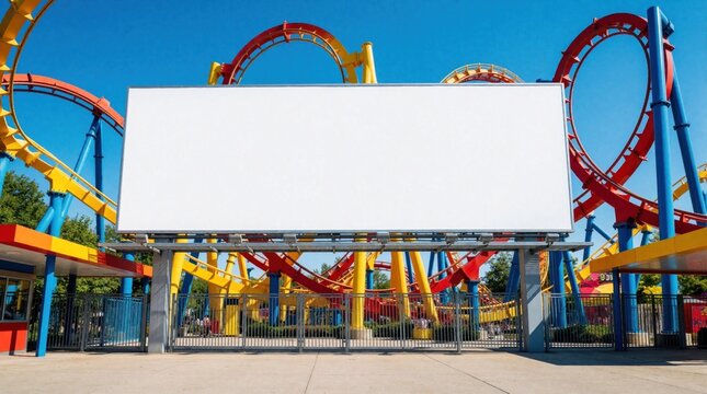 Large blank horizontal billboard mockup stands at amusement park entrance. Colorful roller coaster tracks loop in sunny blue sky background. Empty signage space for advertising theme park events,