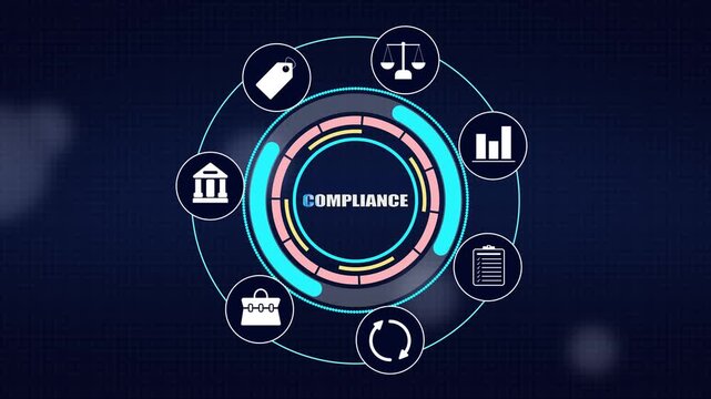 Glowing neon hud wheel animation featuring compliance focus to convey legal regulations risk assessment auditing protocols and corporate accountability concept