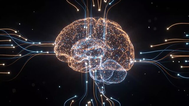 Human brain neural network visualization with glowing synaptic connections in dark studio setting