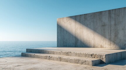 Fototapeta premium Minimalist concrete wall, stone platform near blue ocean. Geometric architecture with stpic sits under clear sky. Bright sunlight creates diagonal shadow on textured surface. Peaceful seascape with