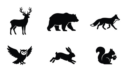Obraz premium Forest Animal Silhouettes Vector Set: Deer, Bear, Fox, Owl, Rabbit, Squirrel Icons
