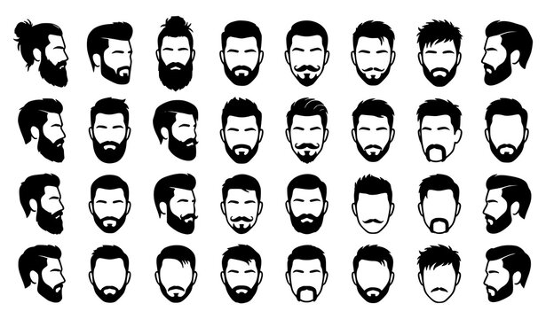 Hipster beard mustache and men's hairstyle silhouette vector collection