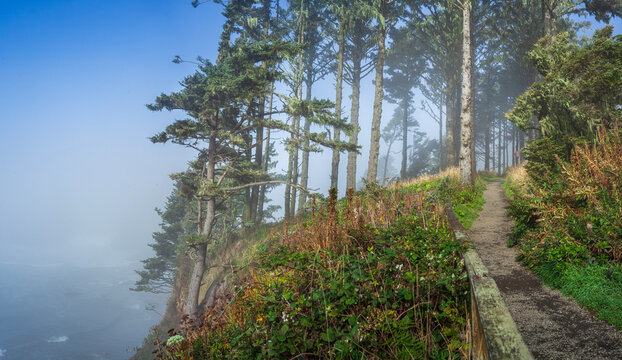 Beautiful wide panoramic view of a fenced hiking trail on a high cliff over a misty ocean at sunrise