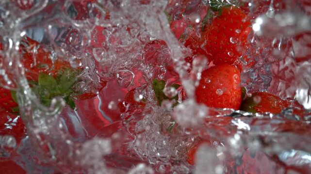 Super Slow Motion Shot of Fresh Strawberries Falling into Water Whirl at 1000fps.