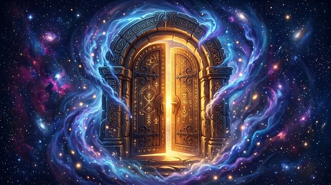 Ancient wooden door with glowing symbols opening into a vibrant cosmic nebula