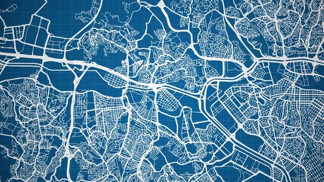Ink reveal animation of Osasco city, S&atilde;o Paulo, Brasil (Brazil) grid map. Aerial top view. Blueprint style. White lines with blue background. 4K Seamless loop.