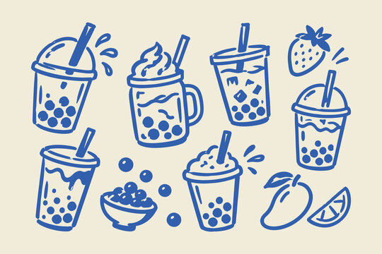 Bubble Tea and Boba Drinks Hand Drawn Illustration Set
