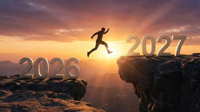 Person jumping from 2026 to 2027 cliff at sunset landscape