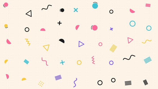 Retro Memphis Style Geometric Shapes Pattern on Cream Background