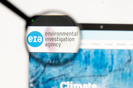 Milan, Italy 2026, 15 AGO Closeup of EIA Environmental investigation agency website page on a laptop screen. Focus on EIA Environmental investigation agency logo under a magnifying glass.