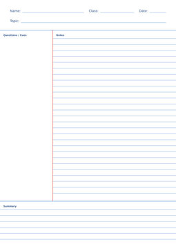 Cornell notes template with name, class, date, topic, cues, notes and summary sections isolated on transparent background