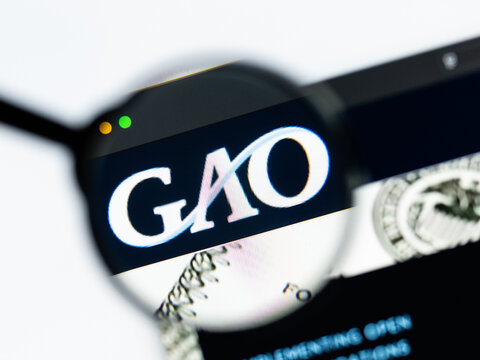 Milan, Italy 2026, 15 AGO Closeup of Government Accountability Office GAO website page on a laptop screen. Focus on Government Accountability Office GAO logo under a magnifying glass.