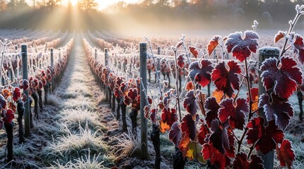 Obraz premium Frost covered grapevine leaves in vineyard during winter sunrise. Red autumn leaves covered with ice crystals on trellis rows. Cold morning sun shines through mist over frozen agricultural farm