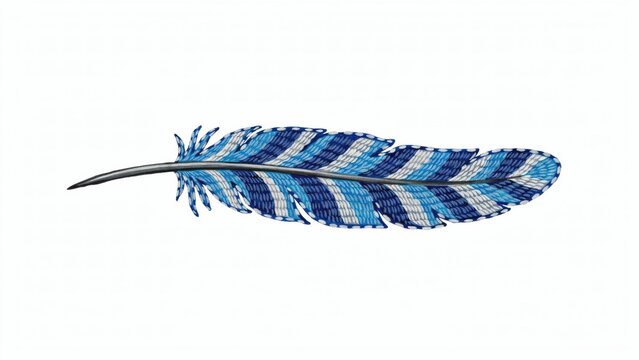 Blue and white embroidered feather with detailed stitching isolated on white background. Great for bohemian fashion and textile design concepts.