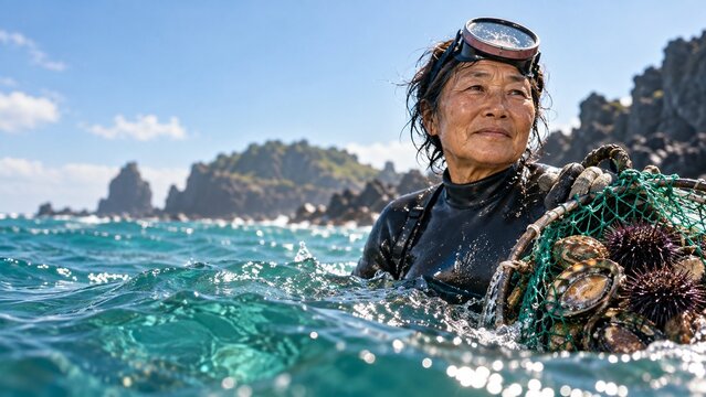 Korean haenyeo diver surfaces with a net full of fresh catch