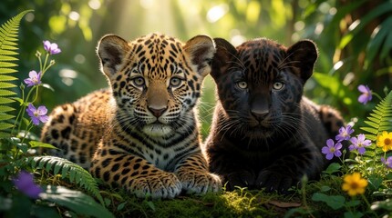 Fototapeta premium Two adorable jaguar cubs lie together in tropical jungle. One spotted baby jaguar, one black panther cub rest near purple wild flowers. Cute wildlife animals look forward in green forest with bright