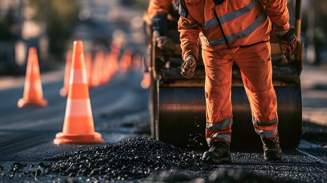 Road construction worker with steam roller and cones isolated on transparent background